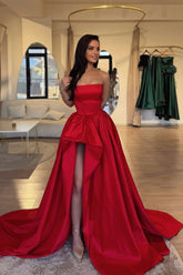 Red Prom Dress Strapless A Line Sleeveless Slit Ball Gown Chapel Train Satin Formal Dress